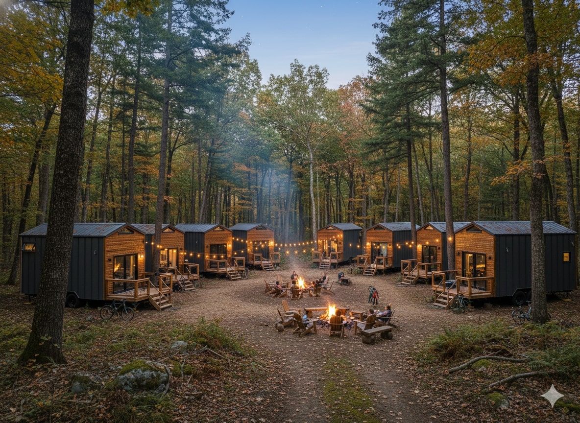 A cluster of modern manufactured tiny homes arranged in a scenic resort setting.