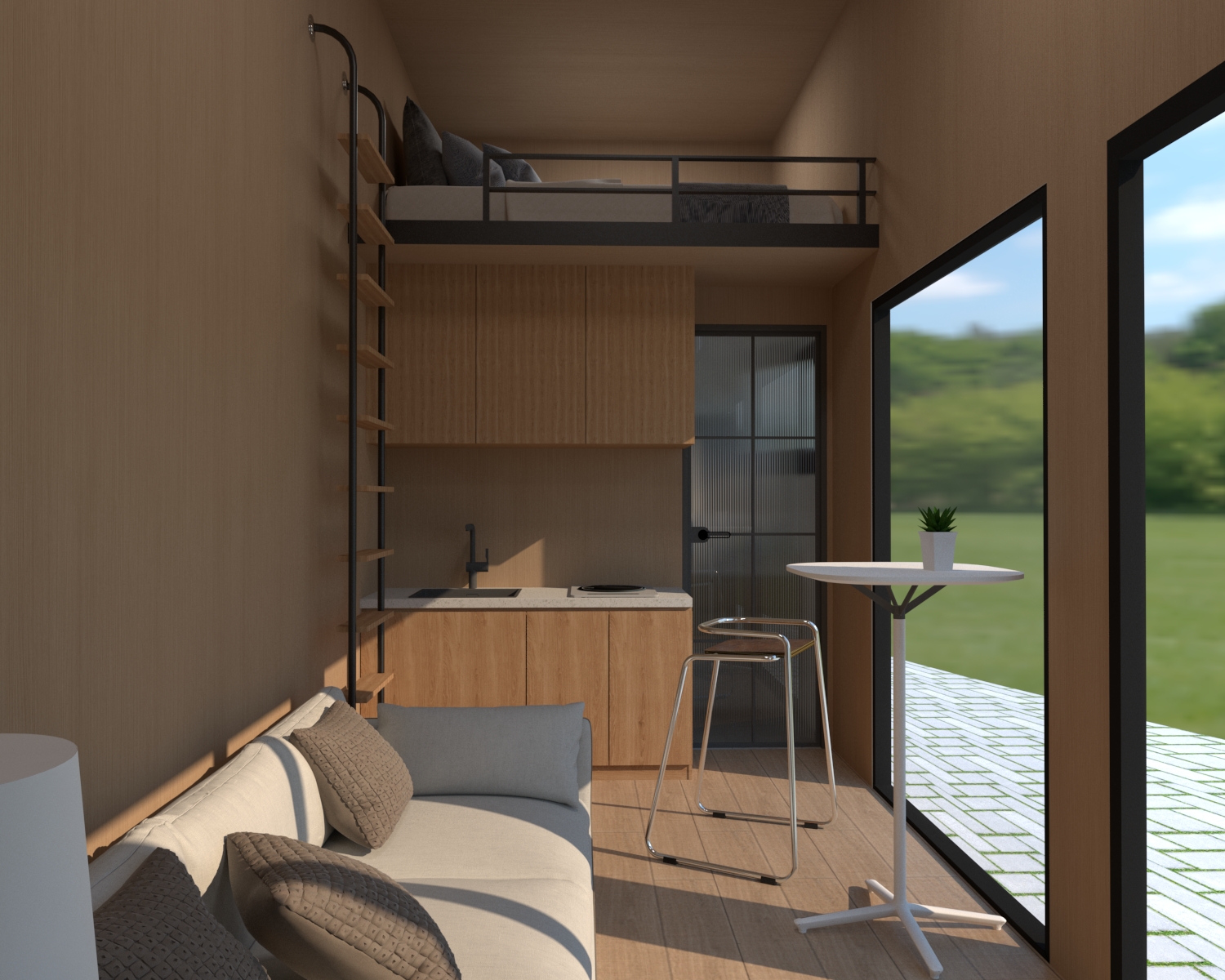 Magic-Nordic 10 Magic-Nordic 28ft interior — open living area with loft and outdoor deck view