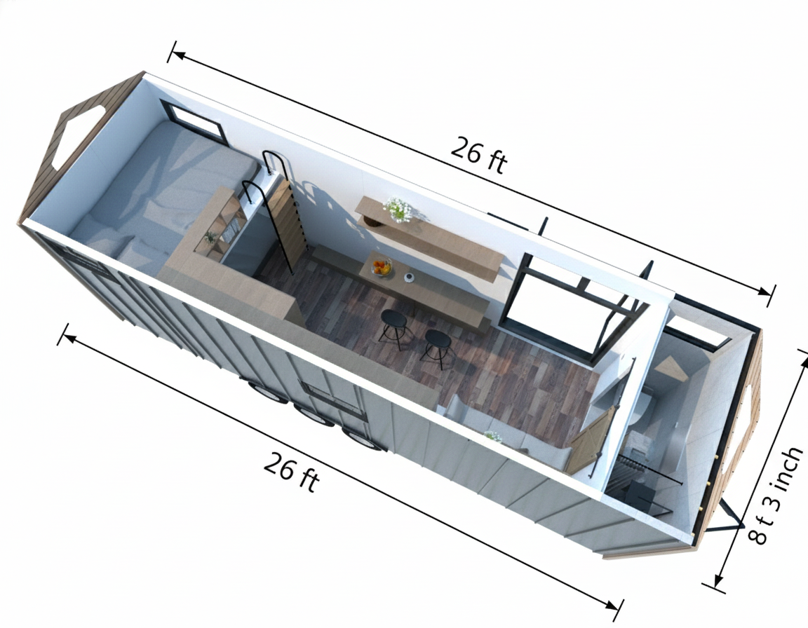 Magic-Nordic 5 Magic-Nordic 26ft floor plan — 26ft x 8ft 3in gabled roof tiny house on wheels