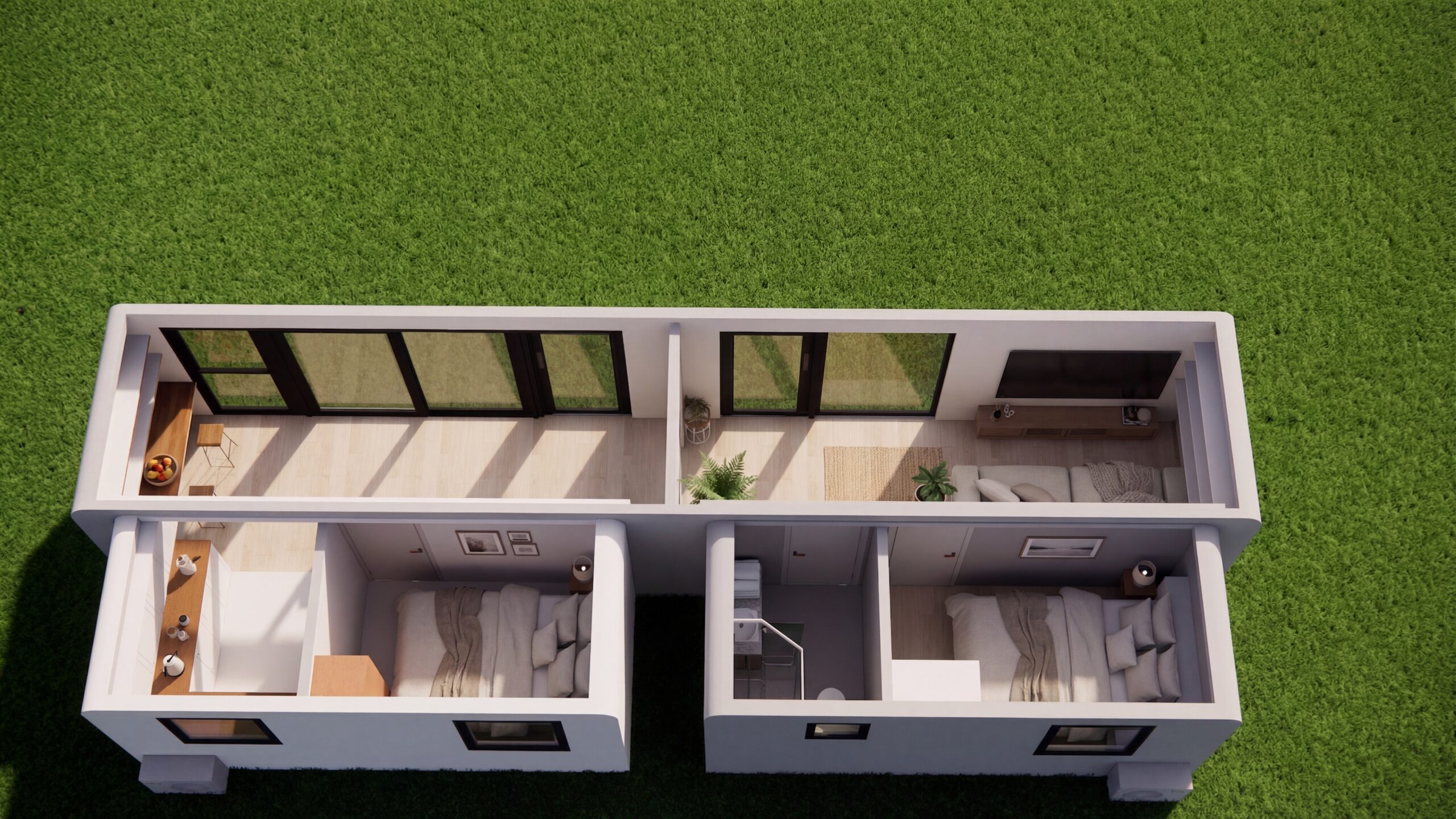 MagicSlide 2X 2 MagicDuo interior — two separate private bedrooms in expandable tiny house