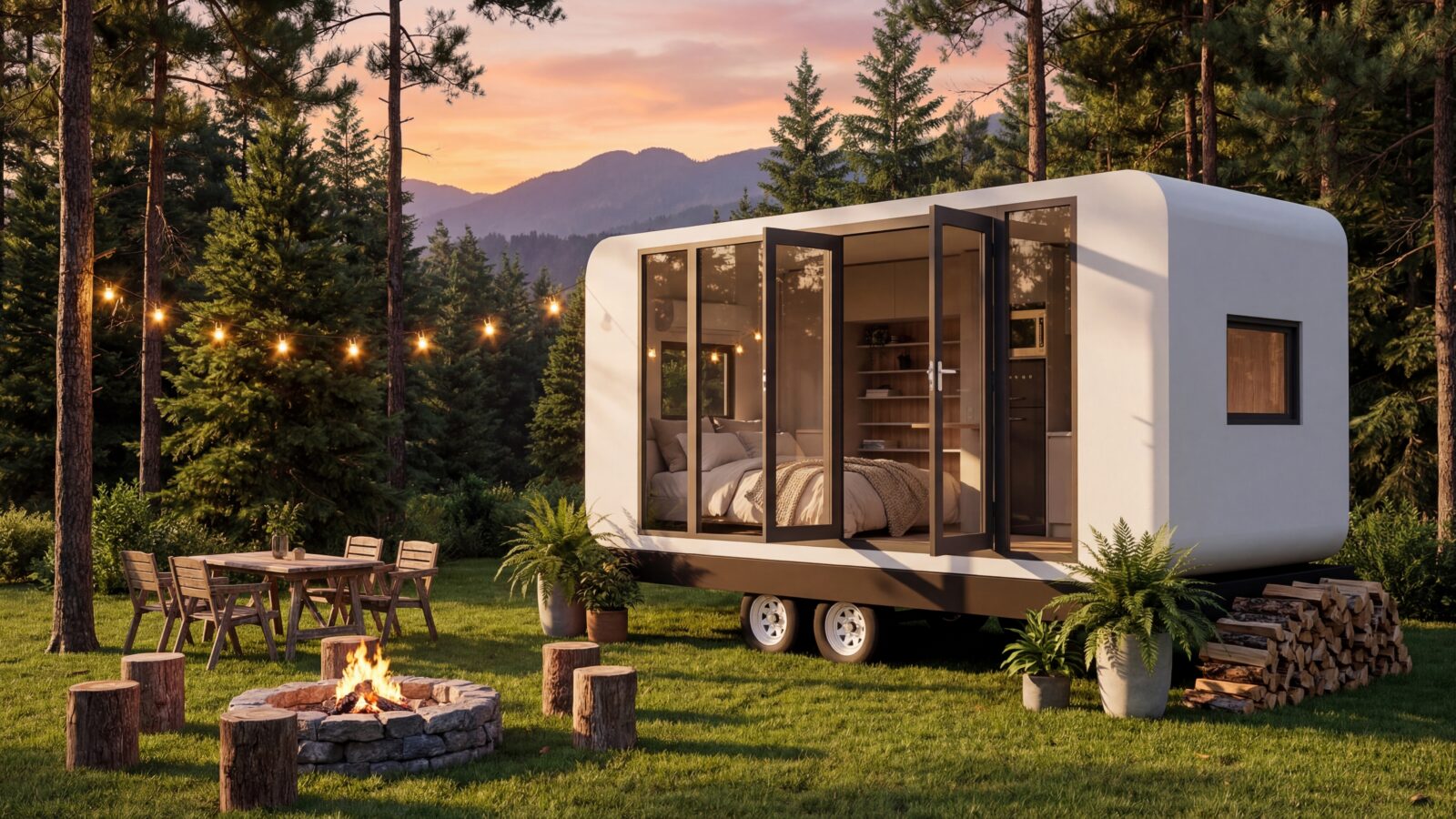 White rounded modern tiny house on wheels with floor-to-ceiling glass doors open, campfire, mountain and pine forest backdrop at sunset