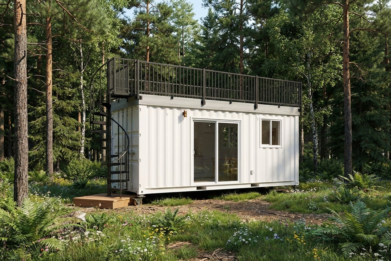 Magic-Iron Container Home 4 Magic-Iron 20ft container home exterior — white ISO container with rooftop deck