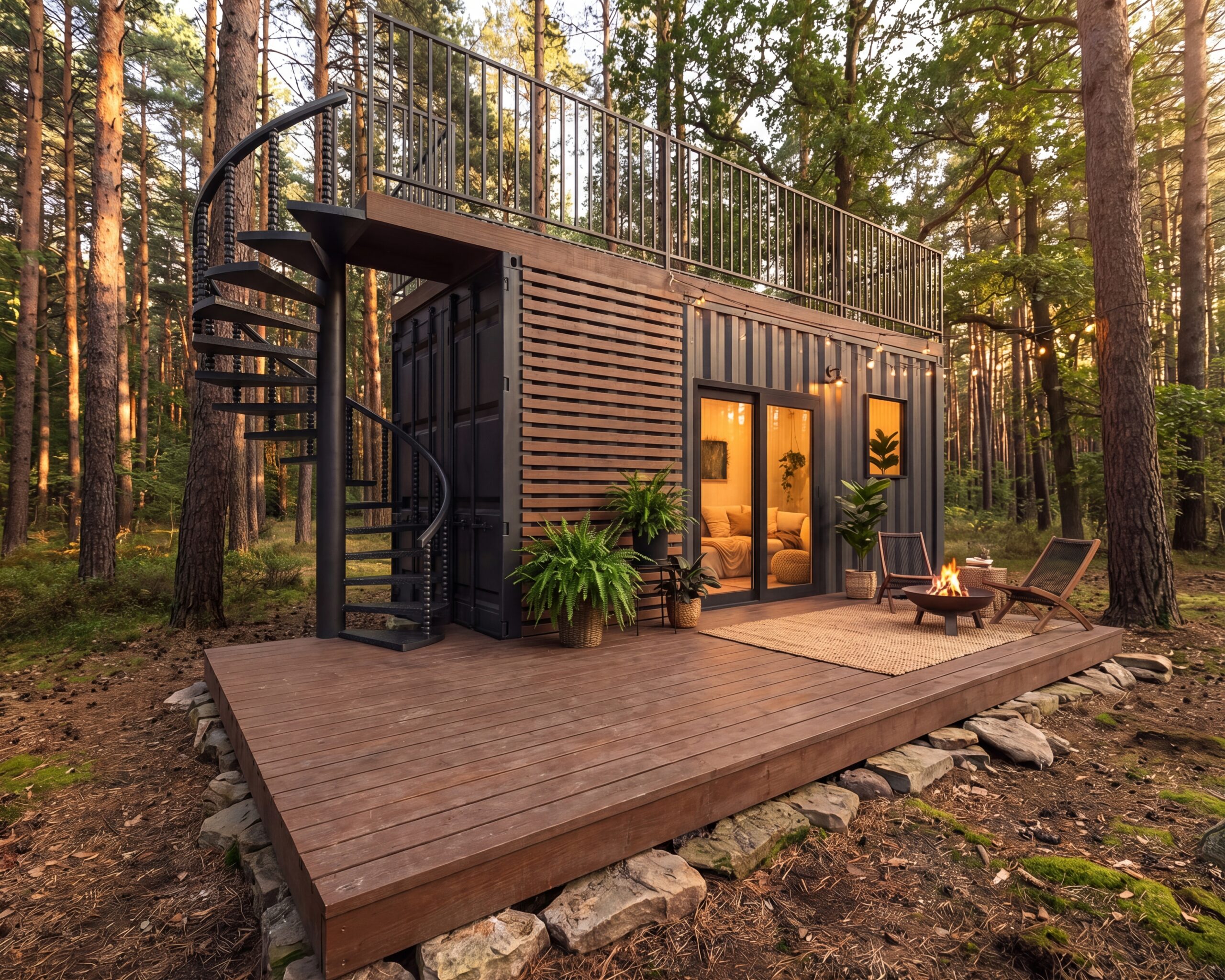 Magic-Iron Container Home 1 Magic-Iron container home exterior — dark steel with wood deck and rooftop terrace