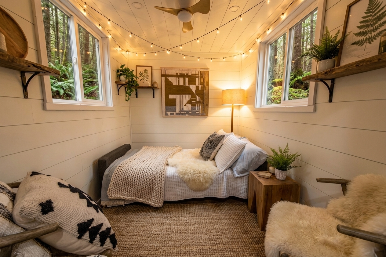 Magic-Iron Container Home 8 Magic-Iron container home bedroom — cozy interior with string lights and forest views