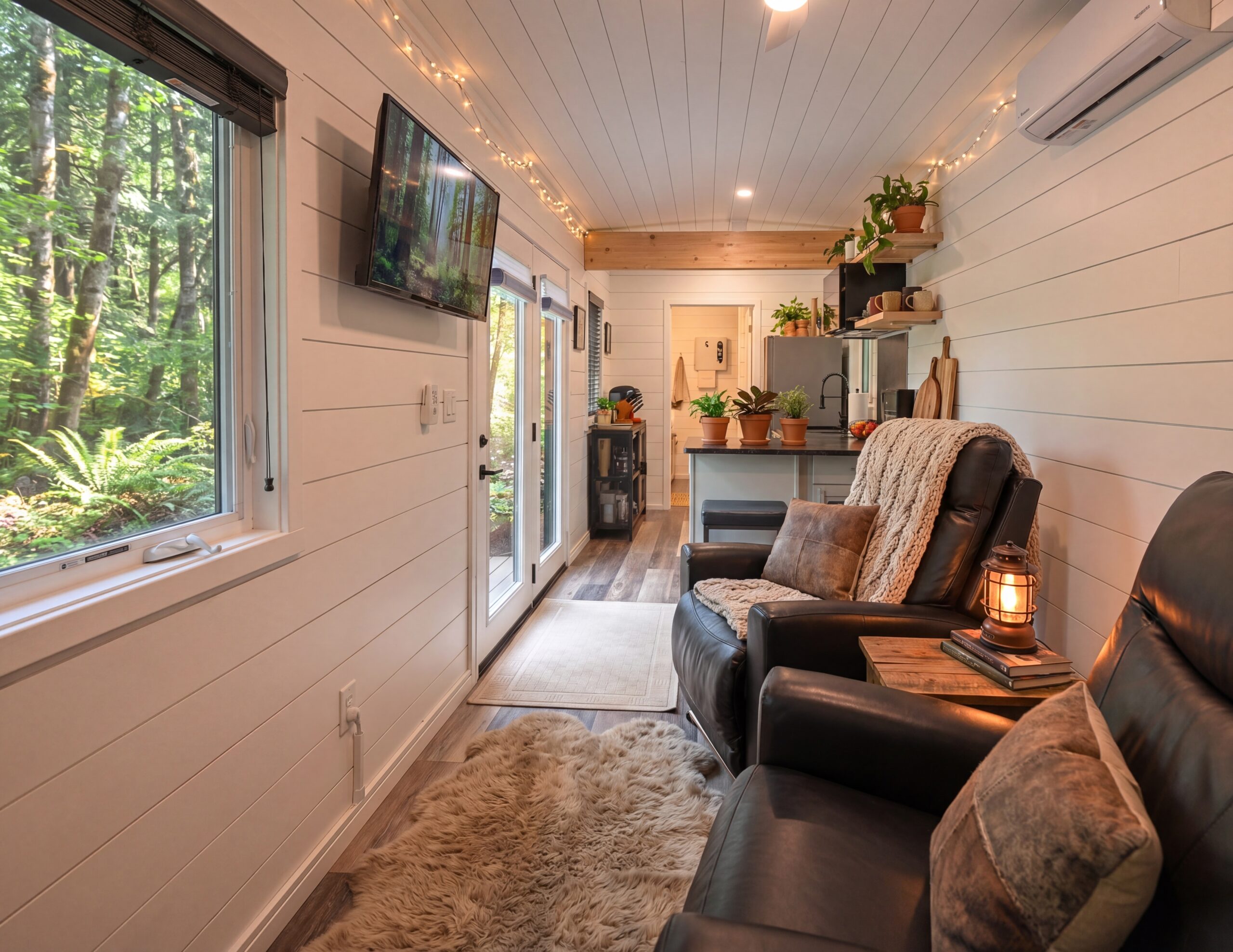 Magic-Iron Container Home 5 Magic-Iron container home living area — open plan with mini-split and TV