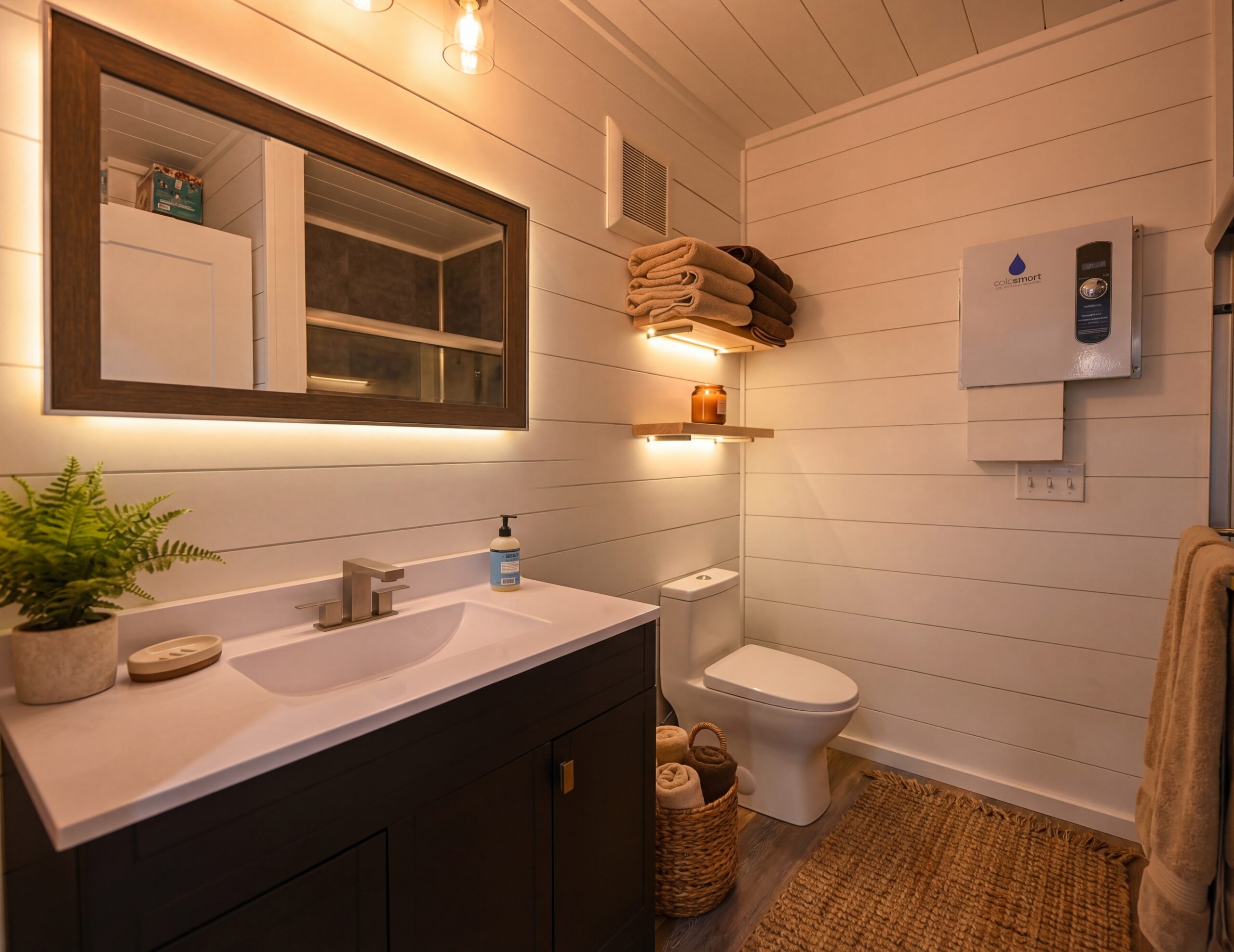 Magic-Iron Container Home 7 Magic-Iron container home bathroom — backlit vanity with shiplap walls