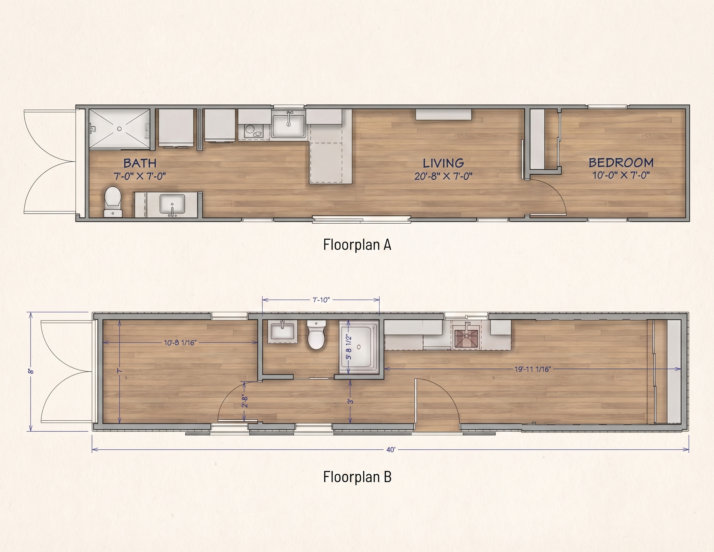 Magic-Iron Container Home 3 Magic-Iron 40ft container home floor plans — Floorplan A and B layouts