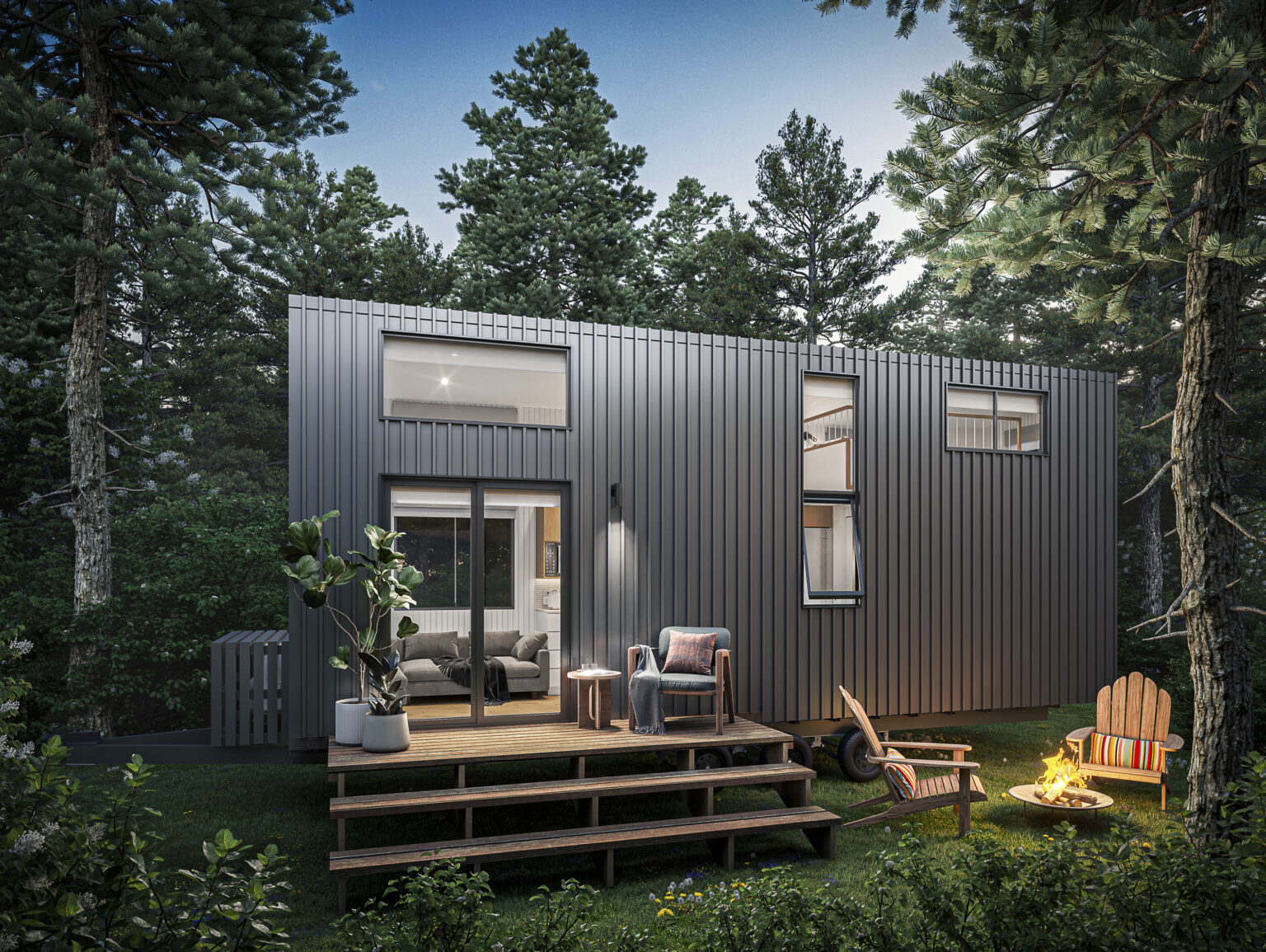 home 4 Magic-Nordic 28ft tiny house on wheels — flagship model with deck and forest setting