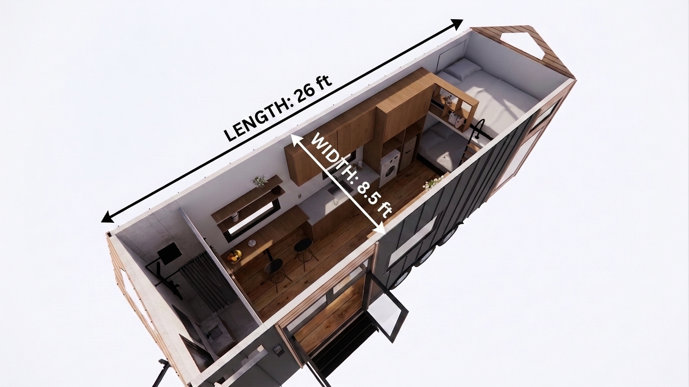Magic-Nordic 26ft tiny house on wheels top-down floor plan layout showing 26ft length and 8.5ft width with kitchen, living area, bedroom and bathroom