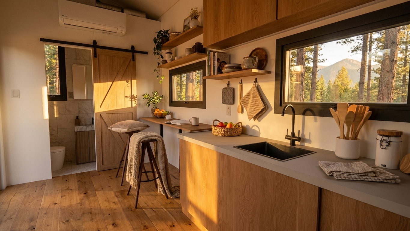Magic-Nordic 26ft tiny house on wheels kitchen interior with timber cabinetry, stone countertop, breakfast bar, barn door to bathroom and large window with forest and mountain view