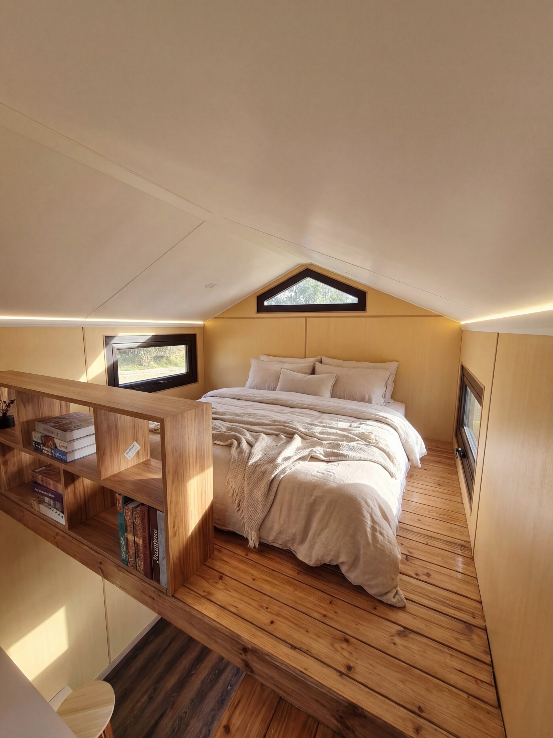 Magic-Nordic 20ft tiny house on wheels queen loft bedroom with linen bedding and gabled-roof window