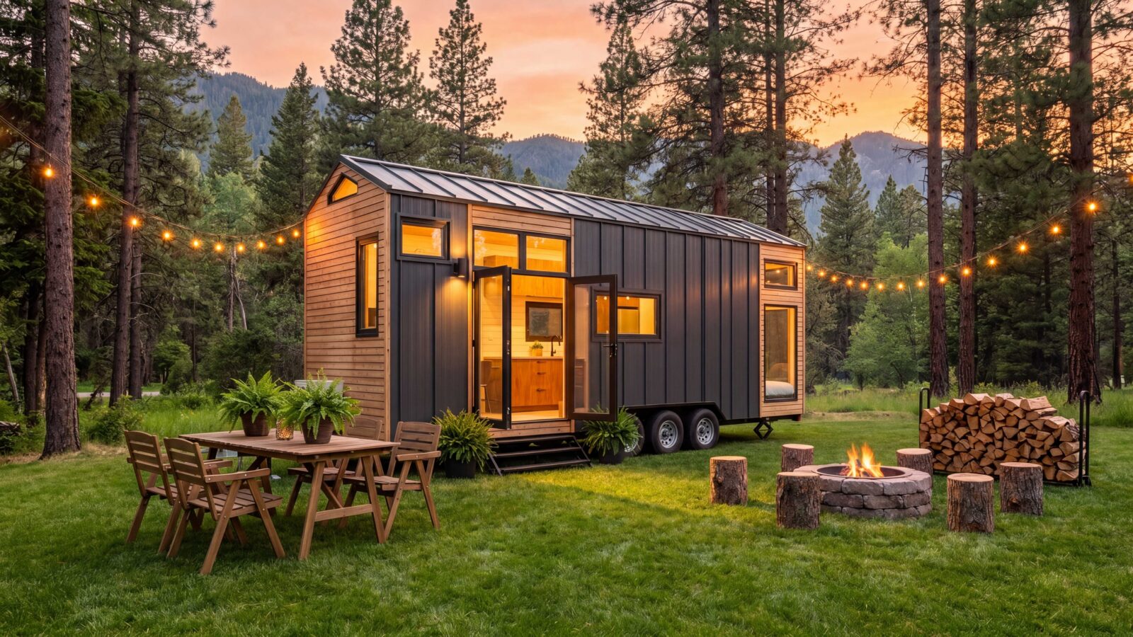 Magic-Nordic tiny house on wheels with gabled roof and queen loft, exterior at dusk in pine forest with string lights, fire pit, log stack and outdoor dining table
