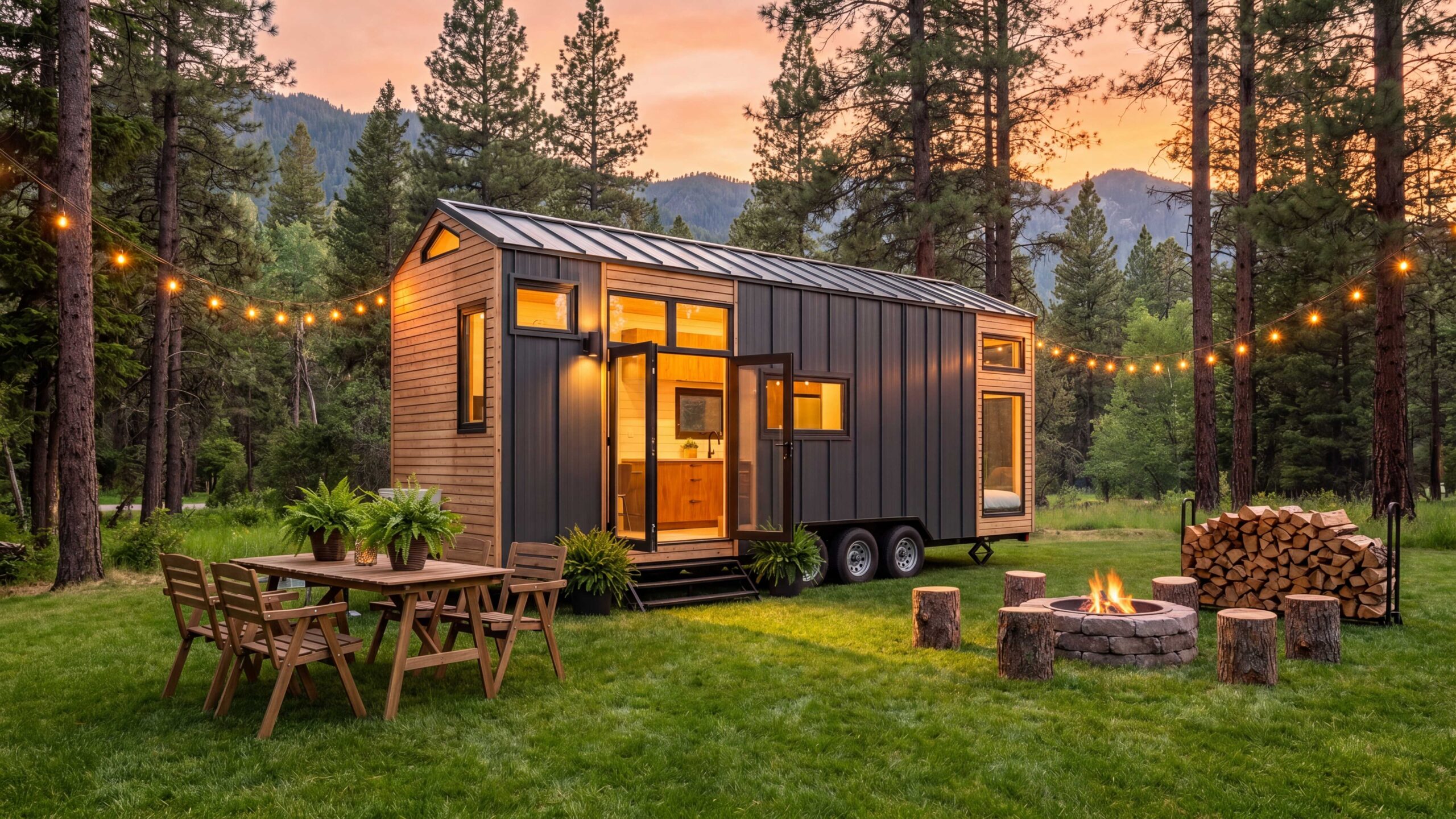 Magic-Nordic tiny house on wheels with gabled roof and queen loft, exterior at dusk in pine forest with string lights, fire pit and outdoor dining